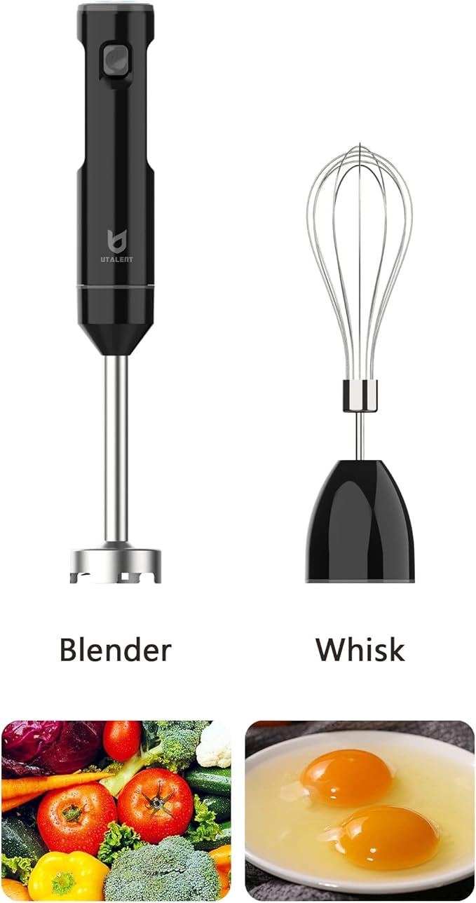 Cordless Hand Blender, UTALENT Variable Speed Immersion Blender handheld Rechargeable, with USB-C Charging Cable, Egg Whisk, for Smoothies, Milkshakes, Hummus and Soups – Black