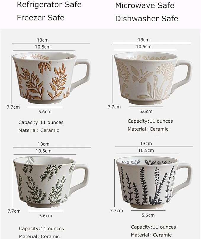 Ceramic Mug with Coffee Spoon Set of 1, 11oz - Vintage Cups Mug for Coffee Milk Latte Cappuccino Tea, Porcelain Cups Dishwasher Microwave Freezer Safe Stoneware 1 PCS Black Leaf Cup