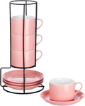8oz Porcelain Stackable Cappuccino Cups with Saucers and Metal Stand Set of 4, Coffee Cups for Espresso, Specialty Coffee Drinks, Latte, Americano and Tea - Pink