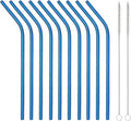 10 Pcs Stainless Steel Straws, Reusable Drinking Straws, Bent Metal Straw Sets with 2 Pcs Cleaning Brushes (Blue, 8.5 Inch)