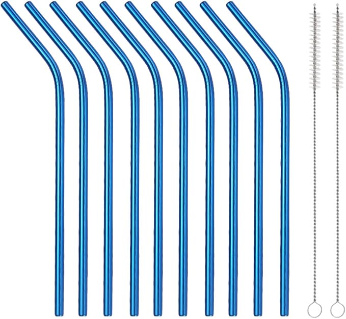 10 Pcs Stainless Steel Straws, Reusable Drinking Straws, Bent Metal Straw Sets with 2 Pcs Cleaning Brushes (Blue, 10.5 Inch)