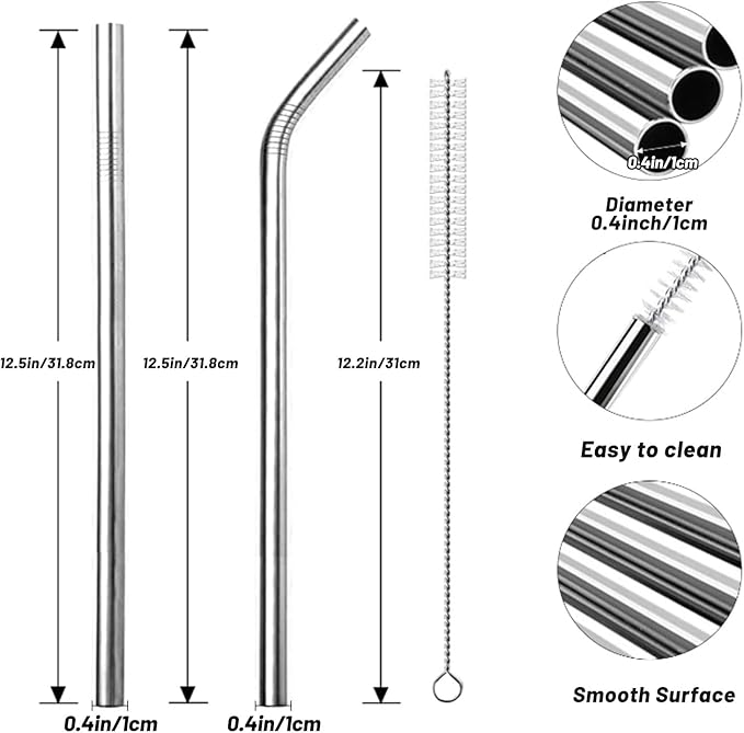 VEHHE Stainless Steel Stanley Straws, 4 Pack 12.5-inchs Long Reusable Stanley Cup Straw with Cleaning Brush (Silver)