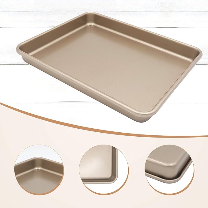 Toaster Oven Pans Set of 2, Shinsin 11-Inch Nonstick Baking Sheet Pans and Trays, 1/8 Thicker Replacement Small Baking Tray Accessories for Cookie, Non Toxic and Easy Clean and Diswasher Safe, Gold