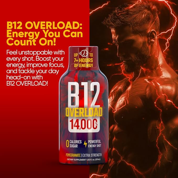 B12 Overload Extra Strength Energy Shot – Pomegranate – 260mg Caffeine, 14000% B12, Electrolytes – Energy & Vitality Support – Zero Sugar No Calories – Vegan, Kosher, Gluten-Free – 1.93 fl oz, 12-Pack