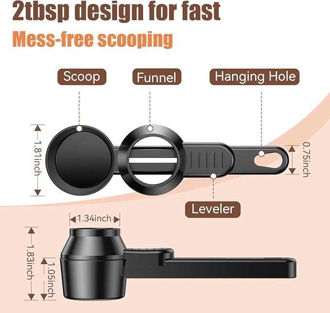 CAPMESSO Coffee Scoop & Funnel for Reusable K Cup Refillable Coffee Pods: 2 Tablespoon Coffee Measuring Scoop - Easy Slide Scoop for Ground Coffee, Protein Powder, Tea without Spilling (1 Pack)