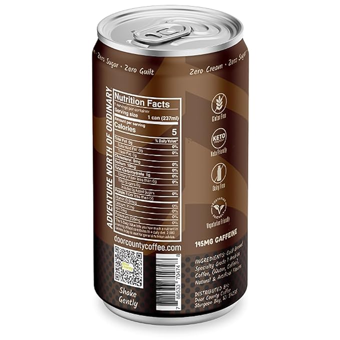 Door County Coffee Brownie Batter Ready to Drink Canned Cold Brew - 8oz - 6 Pack - Cold Pressed Coffee, 5 Calories, Bold & Rich, Flavorful, 145mg Natural Caffeine