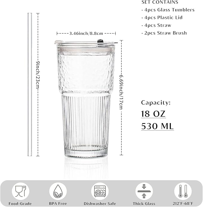 INSETLAN 530ml Glass Cups with Straws & Straw Cleaner, Set of 4, Clear Ribbed Drinking Glasses with Plastic Lids for Water, Juice, Iced Coffee & Smoothies, Dishwasher Safe