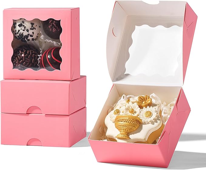 RomanticBaking 3 ¼" x 3 ¼" x 1 ½" 100PCS Chocolate Truffle Boxes for 4，Cookies Boxes Soap Boxes Donut Boxes Macaron Boxes Mini Bakery Boxes with Window Brownie Box