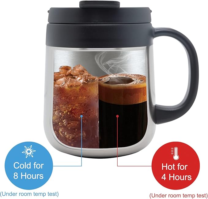 16OZ Stainless Steel Insulated Coffee Mug with Handle and Lid, Double Wall Vacuum Coffee Tumbler Thermal Cup with 2 Lids