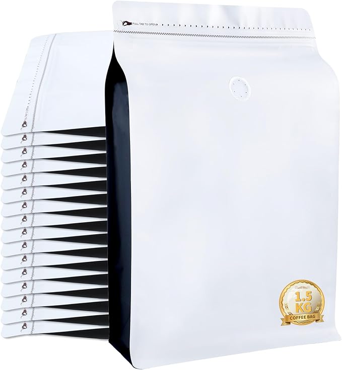 New 1.5 KG Large Capacity Coffee Bags with Valve (50 PCS) White Sides Black High Barrier Aluminum Foil Flat Bottom Standing Coffee Beans Storage Packaging Bags, Reusable Heat Seal Side Zipper Pouches