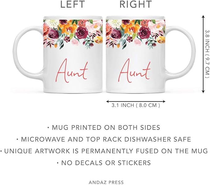 Andaz Press 11oz. Mother's Day Ceramic Coffee Tea Mug Gift, Fall Autumn Burgundy Orange Peach Flowers Roses Florals, Aunt, 1-Pack, Includes Gift Box, Birthday Christmas Gift Ideas