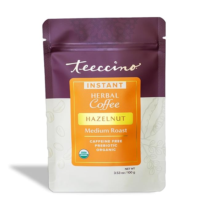 Teeccino Instant Organic Hazelnut Herbal Coffee– 33 servings – Instant Chicory Coffee Alternative with Buttery Hazelnuts Slightly Sweetened by Dates That’s Prebiotic, Caffeine-Free & Acid Free - 3.53 ounces
