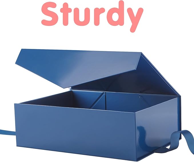 HAPPY POTATO Large Easter Gift Box withLid and Ribbon 11.5x8.1x3.8 Inches, Groomsman Proposal Box, Magnetic Blue Gift Box for Presents (Glossy Blue)