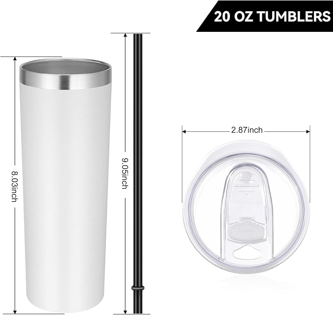 VEGOND Stainless Steel Tumblers Bulk 8 Pack, 20 oz Vacuum Insulated Skinny Tumblers with Lid and Straw, Double Wall Coffee Mug, Travel Water Cup, White