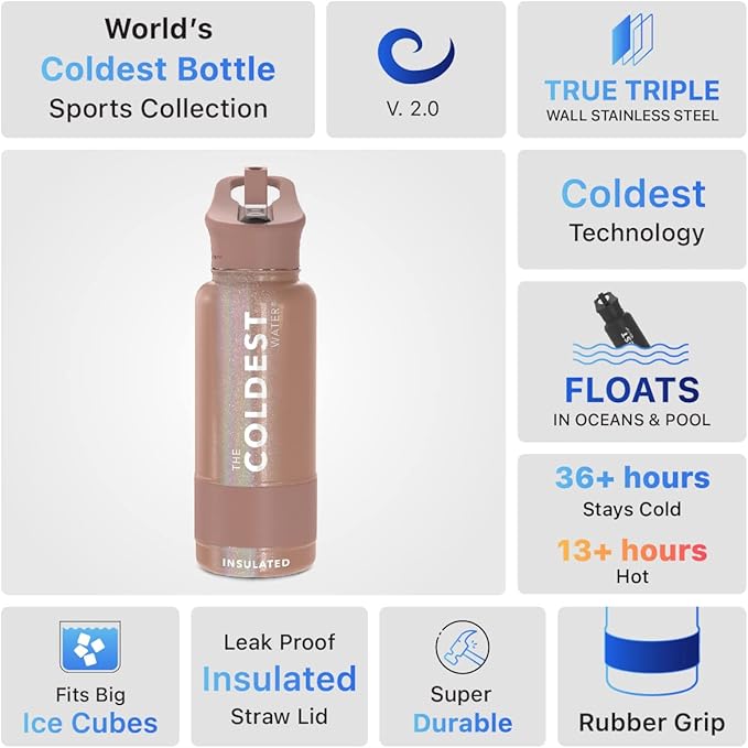 Coldest Insulated Water Bottle with Straw Lid - Stainless Steel Metal Insulated Bottle for Men & Women (Golden Rose Glitter, 32 oz)