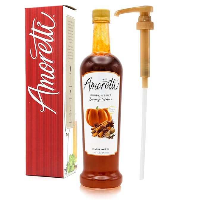 Amoretti - Pumpkin Spice Beverage Infusion, 94 Servings Per Bottle (750 ml) - Drink Mix & Water Enhancer with Pump for Flavoring Cocktails, Waters, Teas, and other Beverages, Preservative Free