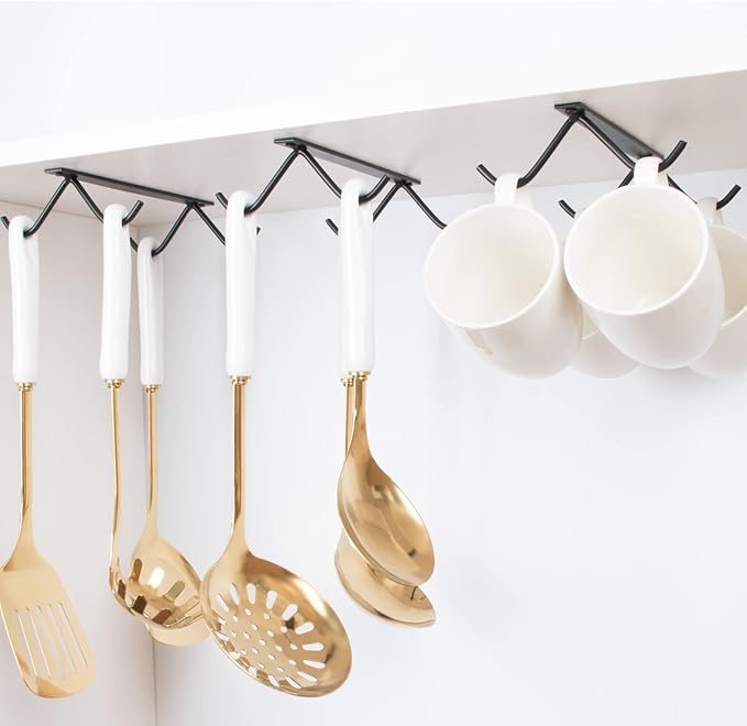 Cabinet Hook Mug Holder - Hanging Coffee Cup Rack for Kitchen, Under Cabinets Metal Hangers Organizer Shelf Storage Utensil （Black）
