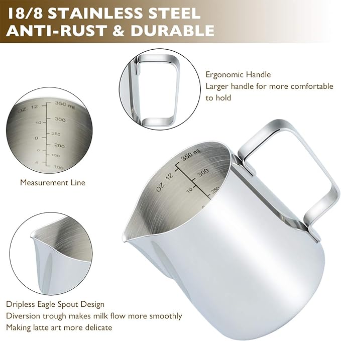 CAMKYDE Stainless Steel Milk Frothing Pitcher 12 oz, Espresso Steaming Pitcher with Decorating Pen for Espresso Machines, Cappuccino, Latte Art A Silver