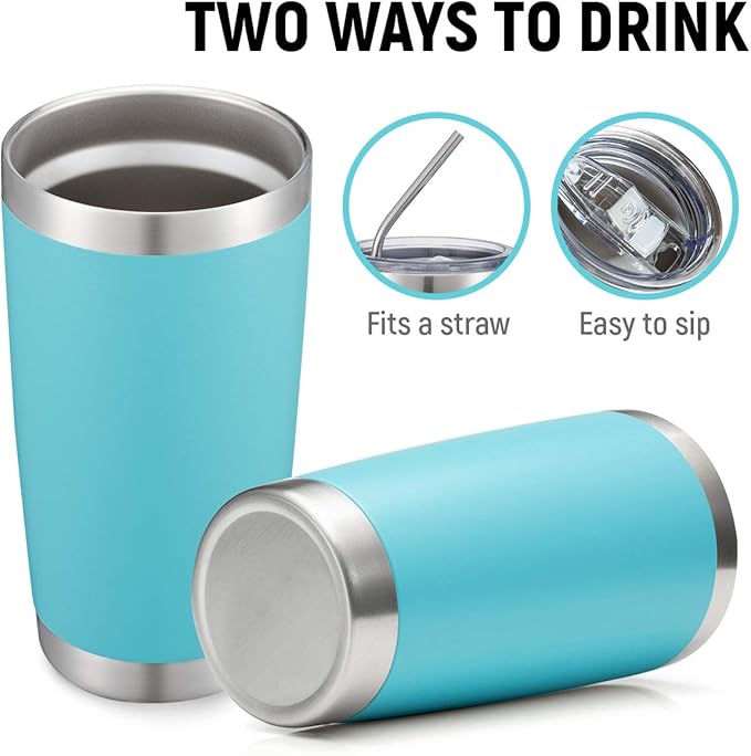 COMOOO 20oz/8Pack Tumbler Double Wall Vacuum Insulated Travel Mug, Stainless Steel Tumbler Bulk with Lid and Straw Insulated Coffee Cup for Cold & Hot Drinks (Light Blue, 8 Pack)