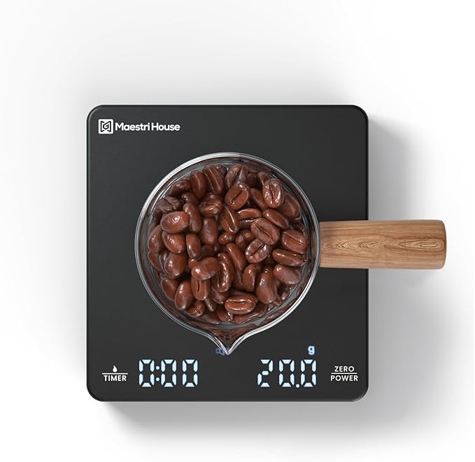 Mini Coffee Scale with Timer, Maestri House Rechargeable Espresso Scale, 2kg/0.1g Accurate Scale for Espresso and Pour-Over Coffee, Portable Digital Kitchen Scale with Automatic Timing-Black
