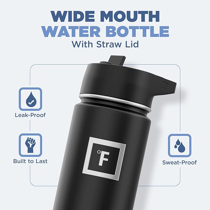 IRON °FLASK Camping & Hiking Hydration Flask with 3 Lids - Stainless Steel, Double Walled & Vacuum Insulated Water Bottle - Leak Proof & BPA Free (Graphite, Straw - 22 oz)