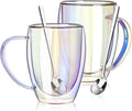 Double Walled Glass Coffee Mugs 12 OZ, Set of 2 Iridescent Glass Cups With Handle Perfect for Espresso, Cappuccino, Latte, Americano, Tea Bag, Beverage