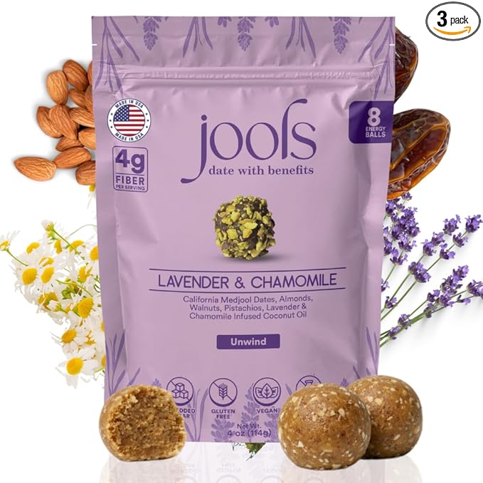 Jools Medjool Date Energy Bites with Lavender & Chamomile – Made with Organic Ingredients – Calming Superfood Snack – Tastes Like Chocolate, Coconut & Caramel with Floral Notes – Chewy, Nutty, Naturally Sweet – No Added Sugar, Vegan & Gluten Free | 3 ×...
