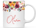 Andaz Press Personalized 11oz. Wedding Ceramic Coffee Tea Mug Bridesmaid Gift, Fall Autumn Burgundy Orange Peach Flowers Roses Florals, Olivia, 1-Pack, Includes Gift Box, Custom Name