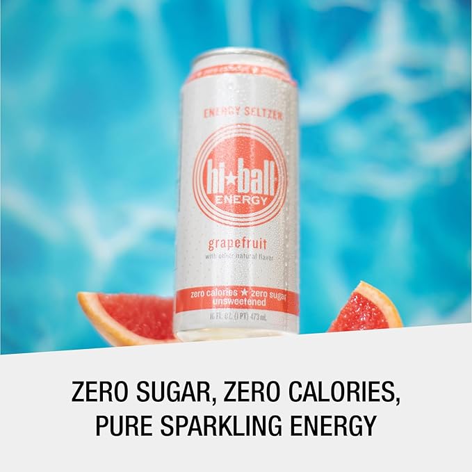 Hiball Energy Sparkling Water Zero Sugar and Zero Calorie Drink, Grapefruit, 16 Fl Oz ( 8 Count)