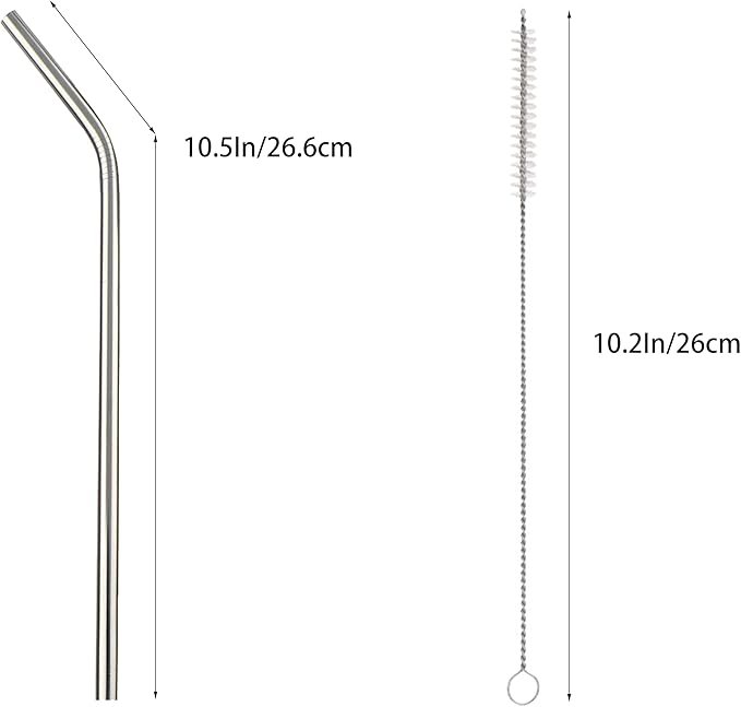 10 Pcs Stainless Steel Straws, Reusable Drinking Straws, Bent Metal Straw Sets with 2 Pcs Cleaning Brushes (Silver, 10.5 Inch)