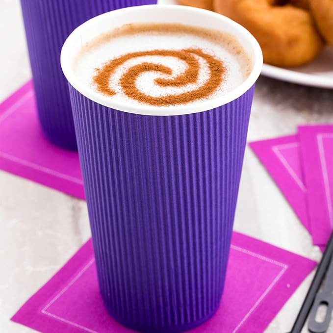 Restaurantware 16 Ounce Ripple Wall Disposable Coffee Cups, 500 Insulated Royal Purple Paper Tumblers with Rolled Rim Design, Lids Sold Separately for Hot Drinks like Tea and More