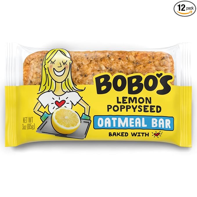 Bobo's Oatmeal Bars, Lemon Poppyseed, Gluten Free Vegan Whole Grain Oat Bars, Pack of 12