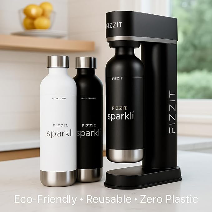 Fizzit Spärklï Carbonated Water Soda Maker with 1 Black Stainless Steel Bottle & 2 White Stainless Steel Bottles