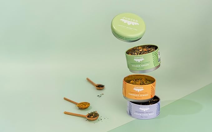 JusTea Assorted Tea Trio | Stacking Tins Variety Pack with Hand Carved Spoon | Loose Leaf Tea | Variable Caffeine | Award-Winning | Fair Trade | Non-GMO