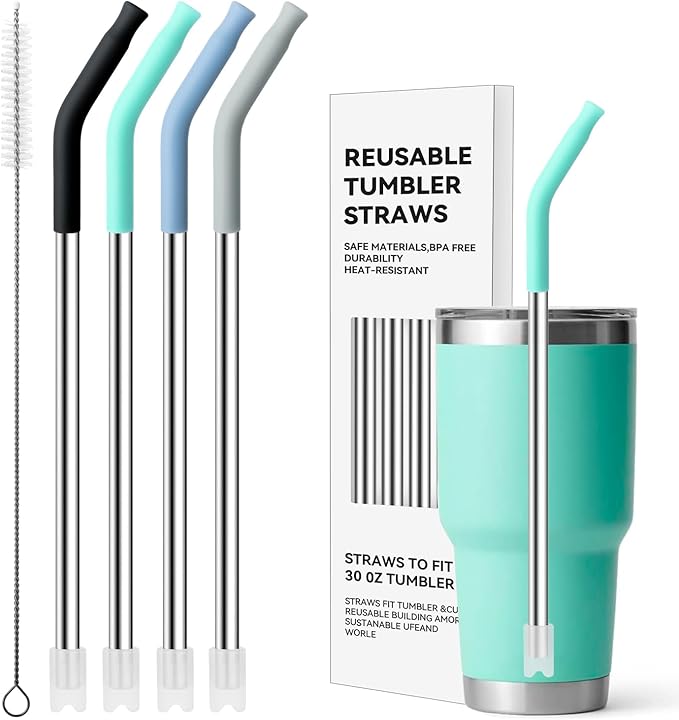 Stainless Steel Straws for 30 oz YETI Tumbler, 4 Pcs Metal Straws Reusable with Silicone Tip for 30 oz 35 oz YETI Cup(Color 1)