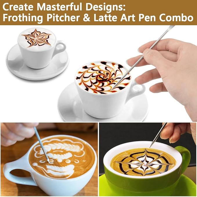 Frothing Milk Pitcher, 20 oz/600 ml Stainless Steel Frothing Milk Jug with Latte Art Pen,with Internal Measurements, for Cappuccino-White