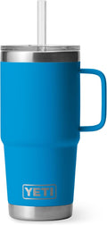 YETI Rambler 25 oz Tumbler with Handle and Straw Lid, Travel Mug Water Tumbler, Vacuum Insulated Cup with Handle, Stainless Steel, Big Wave Blue