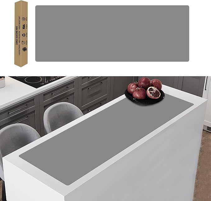 49.2"x15.7"(125cmx40cm) Large Silicone Mats for Kitchen Counter, Non-Slip Placemats, Heat Resistant Countertop Protector, Waterproof Craft Mat, Light Gray