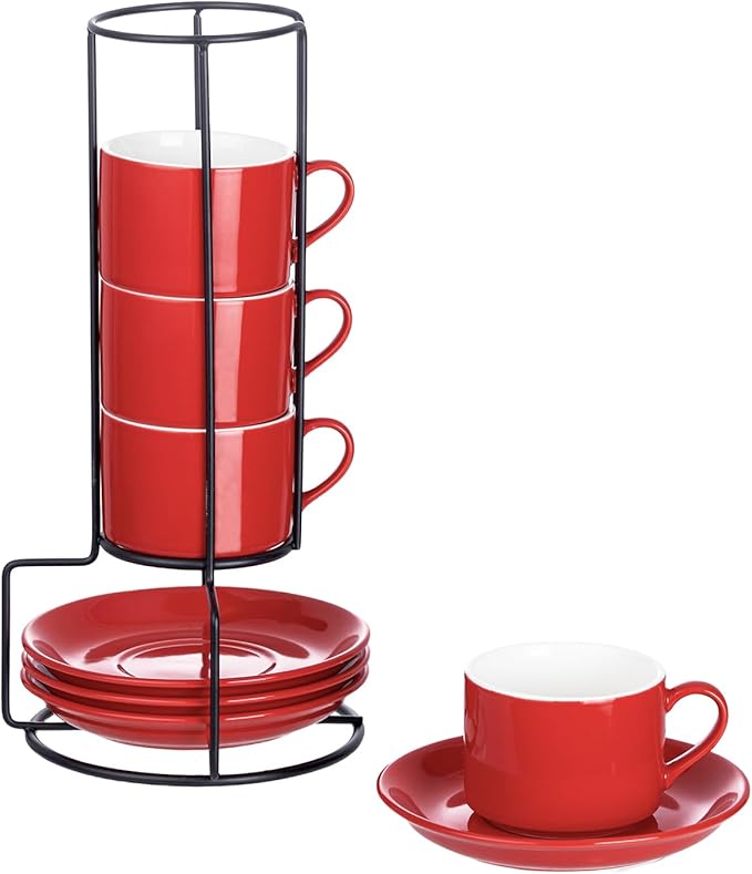 4oz Porcelain Stackable Espresso Cups with Saucers and Metal Stand Set of 4, Stackable Cappuccino Cups, Red Expresso Shots Cup Set for Coffee Drinks, Latte, Americano, Tea