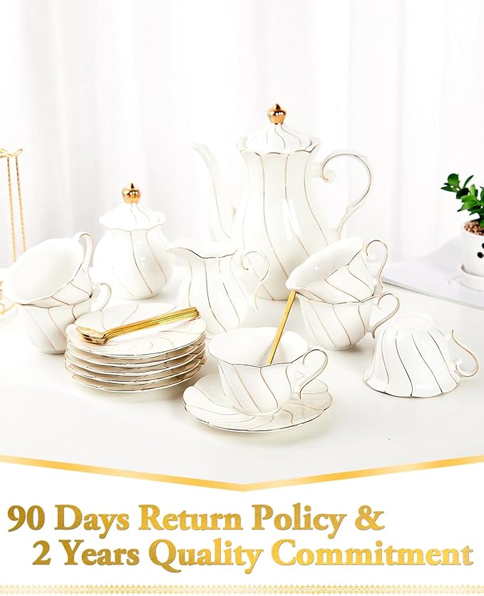 DUJUST 22 pcs White Porcelain Tea Set for 6, Luxury British Style Tea/Coffee Cup Set with Golden Trim, Beautiful Tea Set for Women, Tea Party Set, Gift Package (With a Stand)