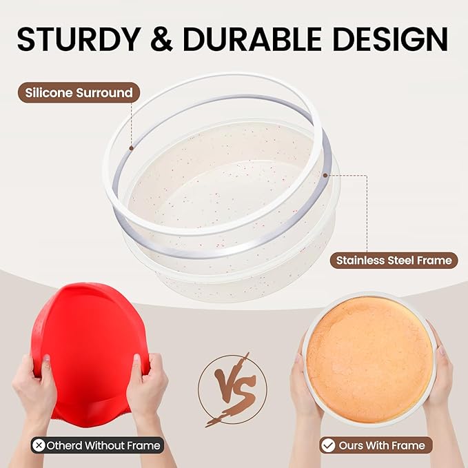 Vinino 6 Inch Silicone Round Cake Pan with Metal Reinforced Frame Set of 2, Nonstick Silicone Springform Pan for Baking Suitable for Making Layers, Cheese & Chocolate Cakes