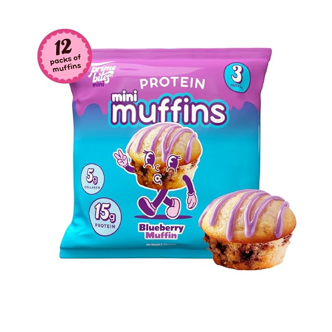 Prime Bites Minis | Protein Mini Muffins from Alpha Prime Supplements | High Protein, Collagen Fortified Low Sugar Treat | Delicious Snack | 12 Packs per Box - Blueberry