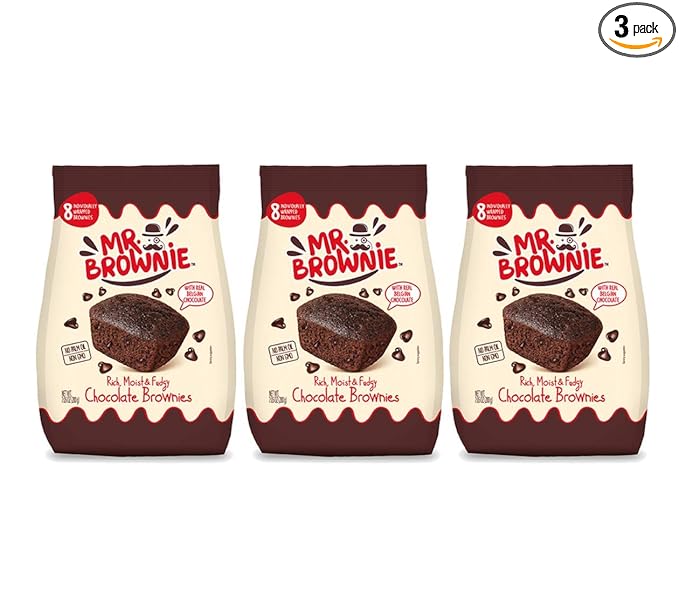 Mr. Brownie Chocolate Brownies - 3 Bags x 8 Individually Wrapped Fudge Brownie Bites with Real Belgian Chocolate Bits - Soft Sweet Snack for Home, School and Work - No Nuts, Palm Oil, or Corn Syrup