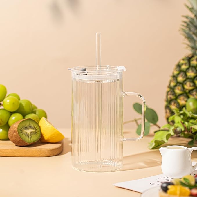 26oz Large Ribbed Glass Tumbler with Handle and Lid - Set of 2, Clear Glass Cups with Reusable Straws, Vertical Striped Design - Perfect for Iced Coffee, Tea, Smoothies, and Cocktails