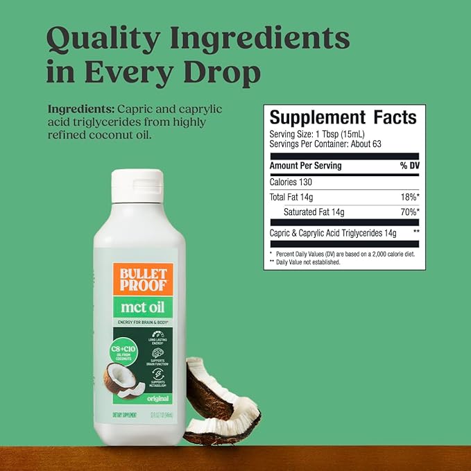 Bulletproof MCT Oil Made with C10 and C8 Oil, 32 Ounces, Keto Supplement for Sustained Energy, Brain and Body Fuel, Add to Coffee and Smoothies