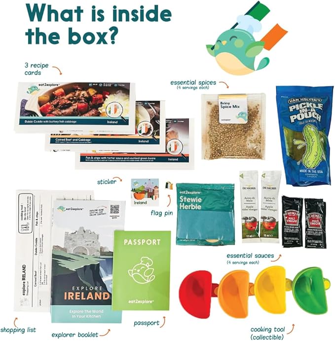 eat2explore Cooking Kits for Kids – Interactive & Educational Kids Cooking Sets Real for Ages 5 and Up,3 Recipe Cards & Global Ingredients – Fun Gift for Young Chefs (Ireland Edition)