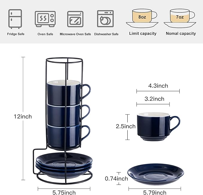 YOLIFE 8oz Porcelain Stackable Cappuccino Cups with Saucers and Metal Stand Set of 4, Coffee cups for Espresso, Specialty Coffee Drinks, Latte, Americano and Tea - Blue
