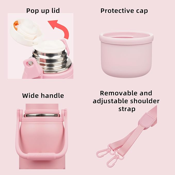 BJPKPK Insulated Water Bottle 40oz Stainless Steel Water Bottles Double Wall with Handle and Cup Lid Travel Metal Thermos,Light Pink