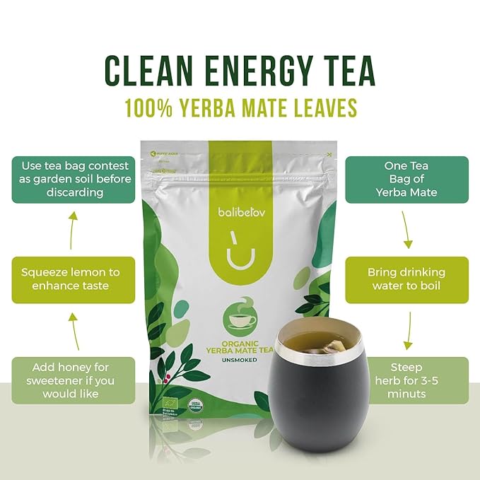 100 Unsmoked Organic Yerba Mate Tea Bags, Organic Yerba Mate Tea, Alternative to Tea, Coffee and Energy Drinks (100 Tea Bags (1 Pack))