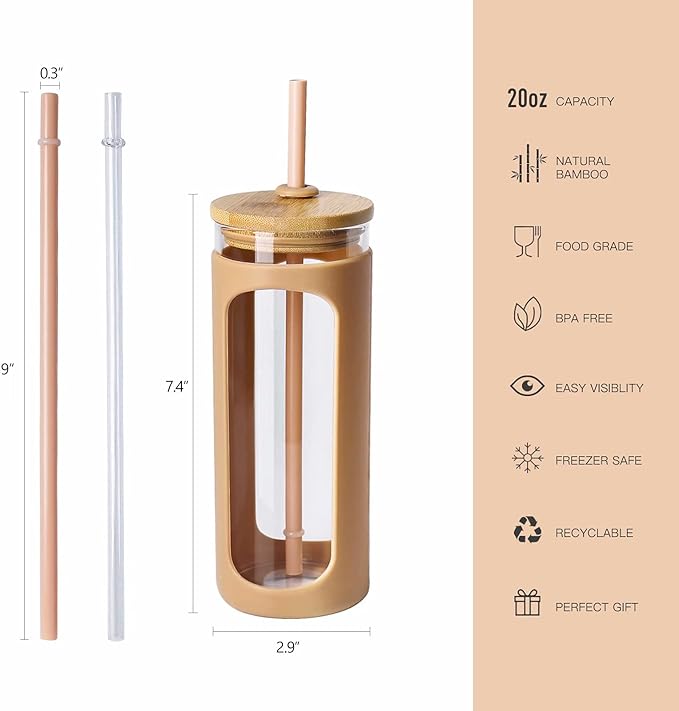 Kodrine 20oz Glass Water Tumbler with Straw and Lid, Bamboo Lids Water Bottle, Iced Coffee Cup Reusable, Wide Mouth Smoothie Cups with Protective Silicone Sleeve BPA FREE-Amber